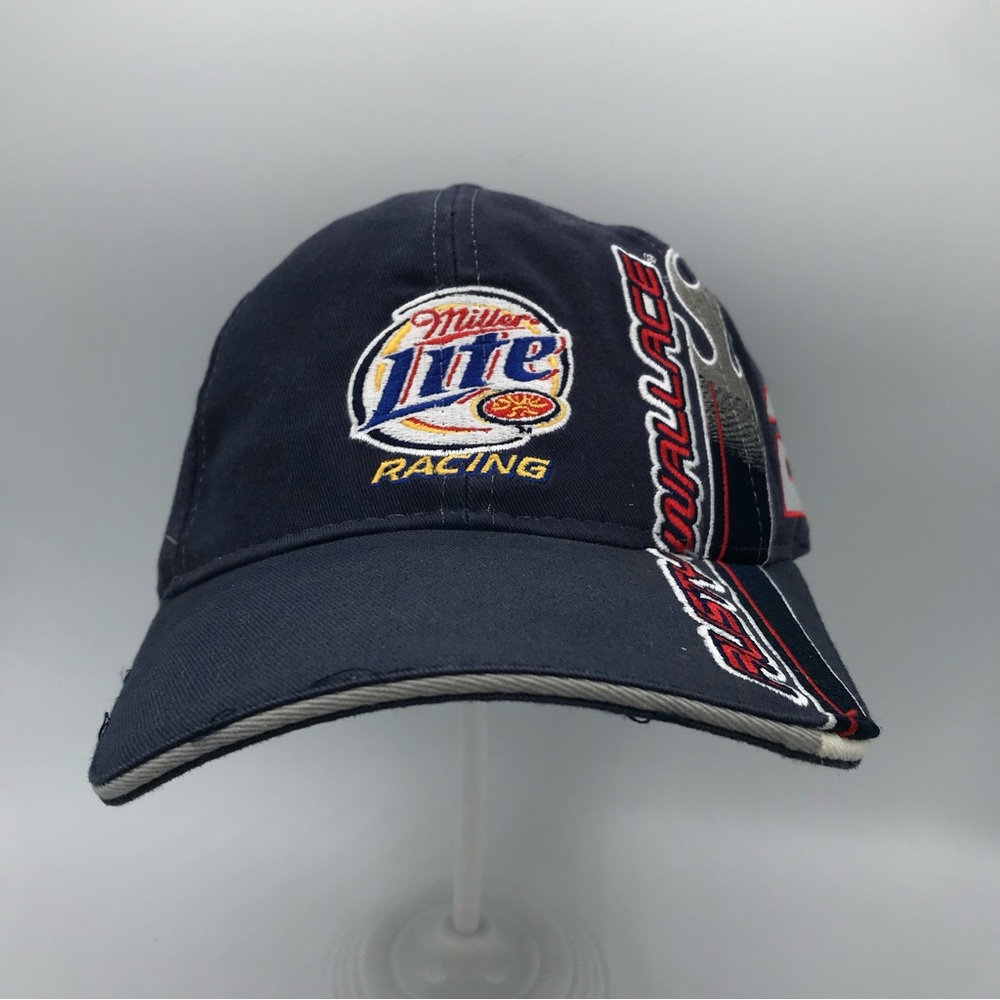 VINTAGE Nascar Hat Cap Strap Back Navy Blue Rusty Wallace Miller Lite Racing
